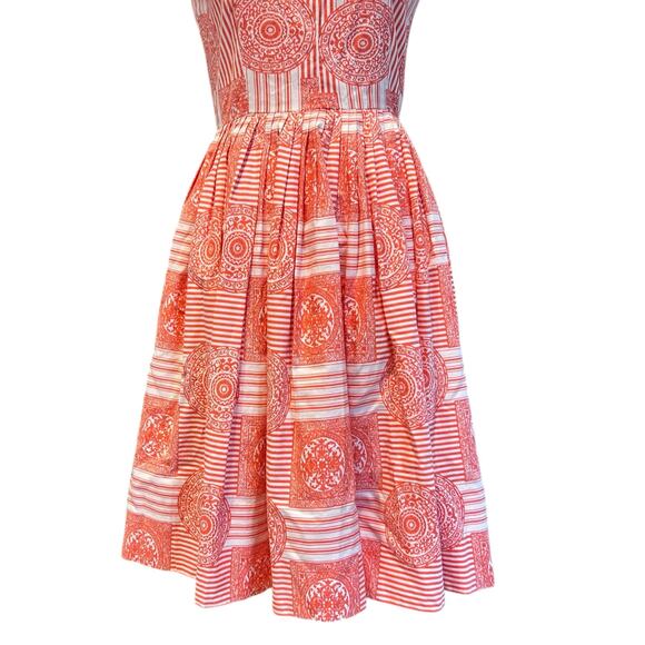 Vintage 1950s Sundress Sz Small Bernie Sobel Orange White Geometric Pleated - Picture 8 of 16